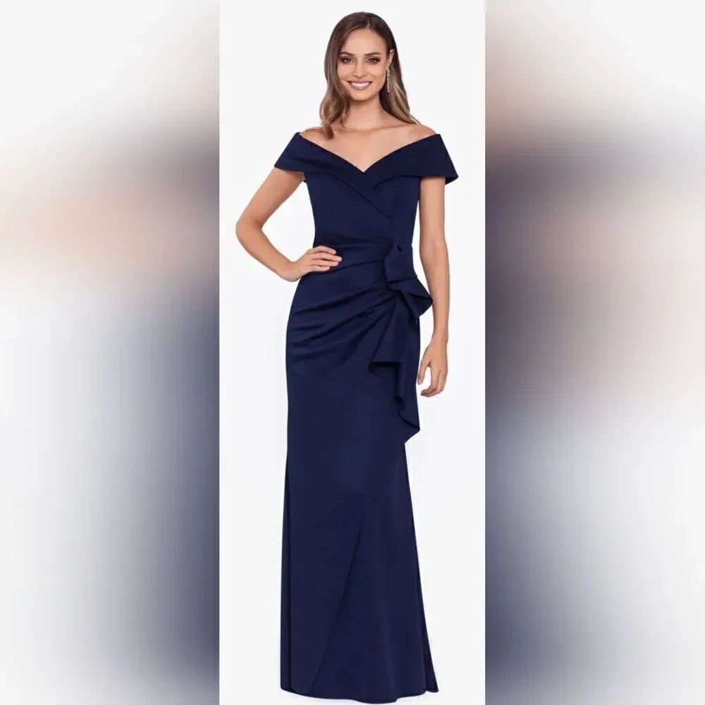 Xscape PATTI LONG OFF THE SHOULDER SCUBA CREPE DRESS NWT size 16 Blue